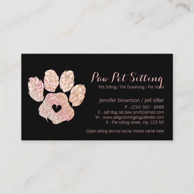 Glitter Pink Pet Sitter Grooming Paw Business Card