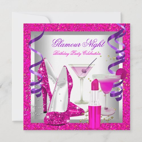 Glitter Pink Purple Glamour Night Martini Party Invitation