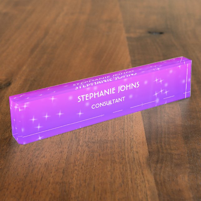 Glitter Pink Purple Monogram Name Modern Ombre Desk Name Plate (Side)