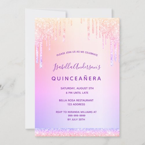 Glitter pink purple rainbow Quinceanera birthday Invitation