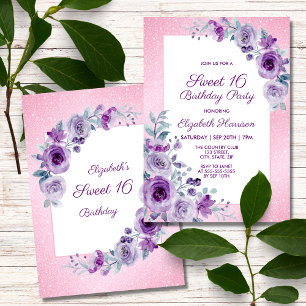 Glitter Pink Purple Roses Floral 16th Birthday  Invitation