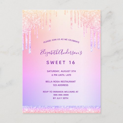 Glitter pink purple Sweet 16 invitation Postcard