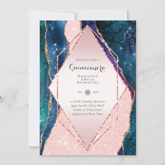 Glitter Pink QUINCEANERA - AGATE Rose Gold Invitation (Front)