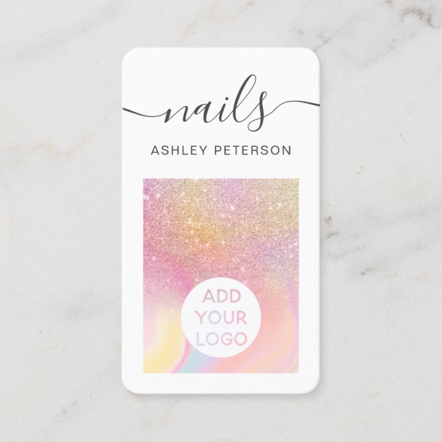 Glitter pink rainbow unicorn marble nails script business card (Front)