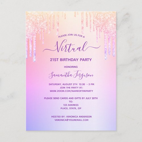 Glitter pink rainbow virtual birthday invitation postcard