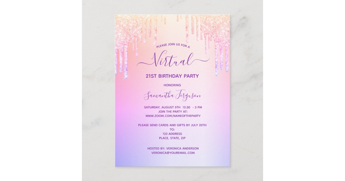 Glitter pink rainbow virtual birthday invitation postcard | Zazzle