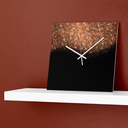 Glitter Pink Rose Gold Black White Abstratc Square Wall Clock