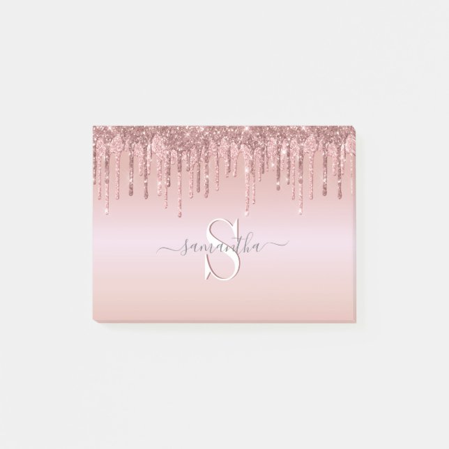 Glitter Pink Rose Gold Monogram Name Post-it Notes (Front)