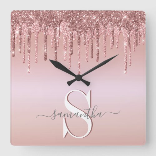 Glitter Pink Rose Gold Monogrammed Square Wall Clock