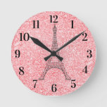 Glitter Pink Rose Gold Paris Acrylic Wall Clock at Zazzle