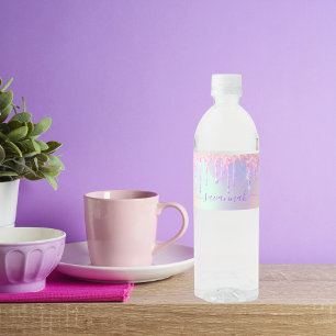 Glitter pink rose gold rainbow holographic name water bottle label