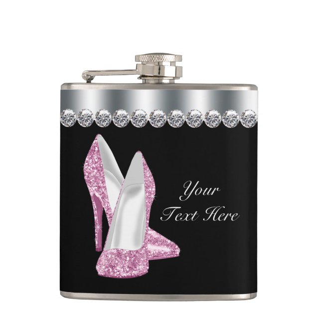 Glitter Pink Shoes Pink and Black Hip Flask (Front)