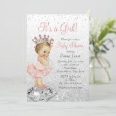 Glitter Pink Silver Princess Baby Shower Invitation (Standing Front)