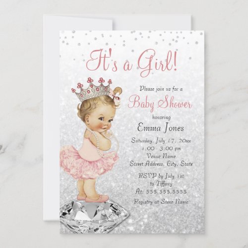 Glitter Pink Silver Princess Baby Shower Invitation