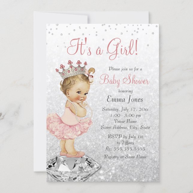 Glitter Pink Silver Princess Baby Shower Invitation (Front)