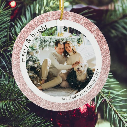 Glitter Pink Spark Family Photo  Merry And Bright Ceramic Ornament
