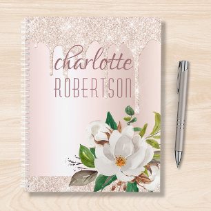 Glitter Pink Sparkle Girly Watercolor Floral Name Planner