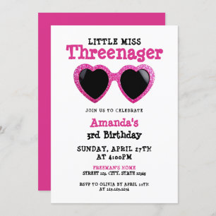 Glitter Pink Sunglasses Girly Threenager Birthday Invitation