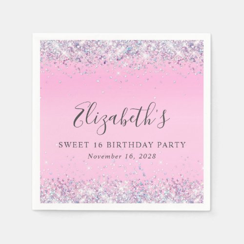 Glitter Pink Sweet 16 Birthday Party Napkins