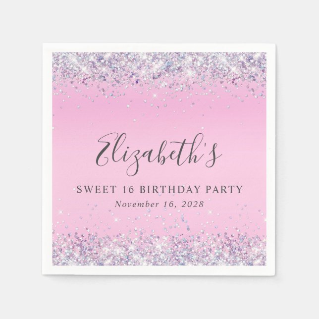 Glitter Pink Sweet 16 Birthday Party Napkins (Front)