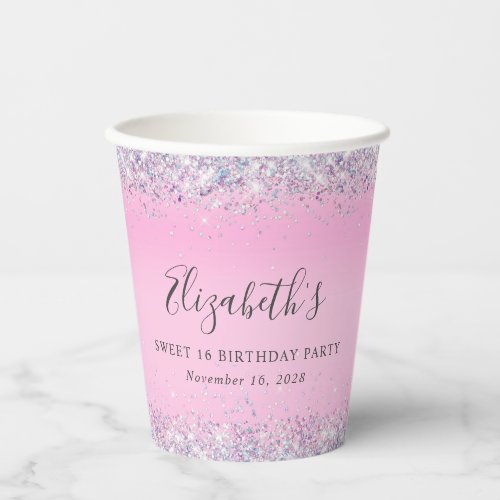 Glitter Pink Sweet 16 Birthday Party Paper Cups