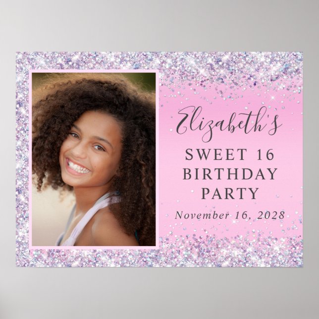 Glitter Pink Sweet 16 Birthday Party Poster (Front)