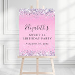 Glitter Pink Sweet 16 Birthday Party Welcome Foam Board<br><div class="desc">Pretty,  glamorous and girly sweet 16 birthday party pink foam board sign for photos and to welcome guests featuring sparkly holographic purple,  pink and silver faux glitter confetti along the borders and her name in a soft grey trendy script.</div>