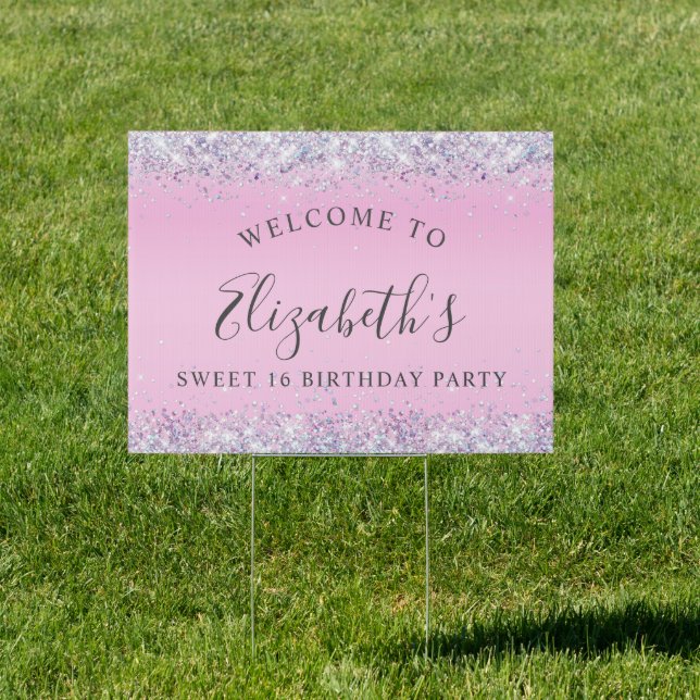 Glitter Pink Sweet 16 Birthday Party Welcome Sign (Insitu)