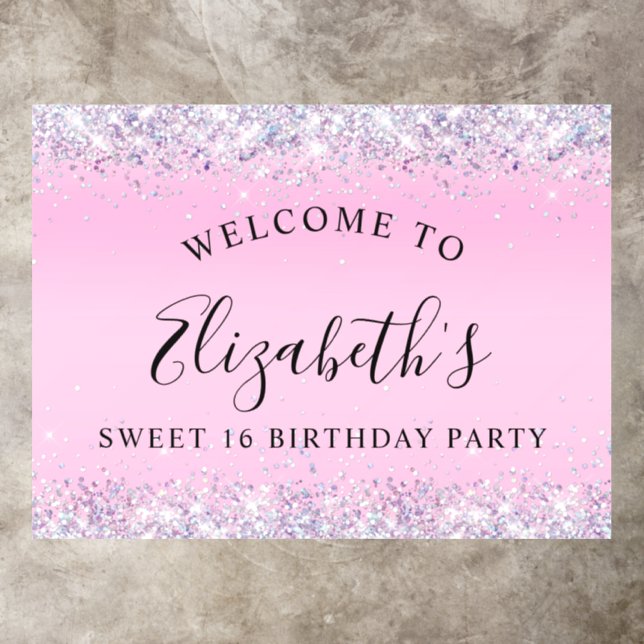 Glitter Pink Sweet 16 Birthday Party Welcome Sign Floor Decals (Insitu)