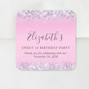 Glitter Pink Sweet 16 Birthday Thank You Square Sticker
