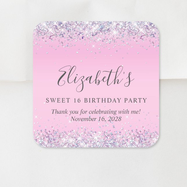 Glitter Pink Sweet 16 Birthday Thank You Square Sticker (Creator Uploaded)