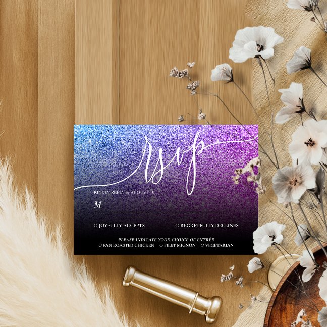Glitter Pink Teal Modern Wedding Calligraphy RSVP Card