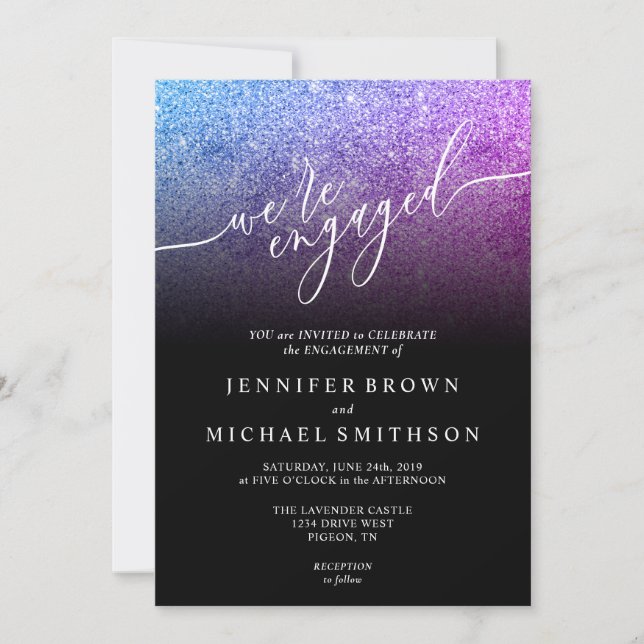 Glitter Pink Teal SPARKle Signature Engaged Invitation (Front)