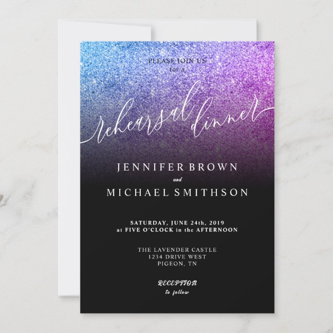 Glitter Pink Teal Watercolor Rehearsal Dinner Invitation