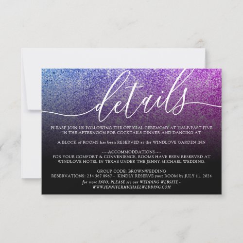 Glitter Pink Teal Wedding Accommodation Details RSVP Card