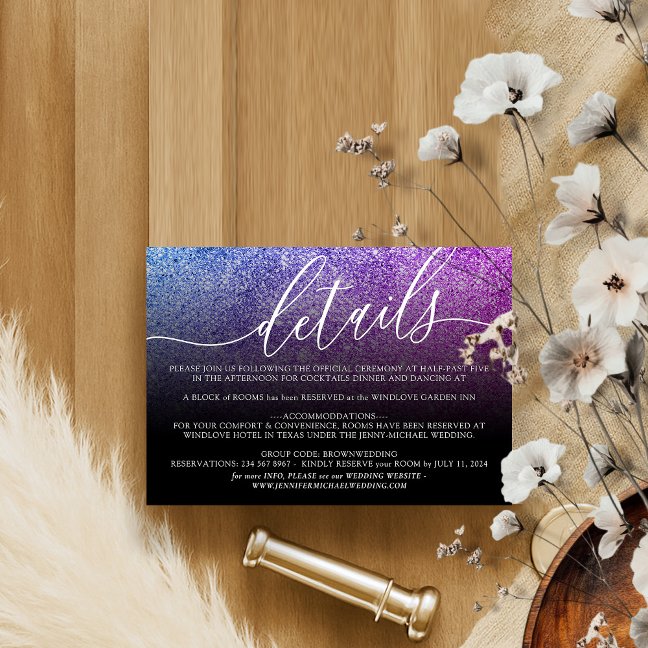 Glitter Pink Teal Wedding Accommodation Details RSVP Card