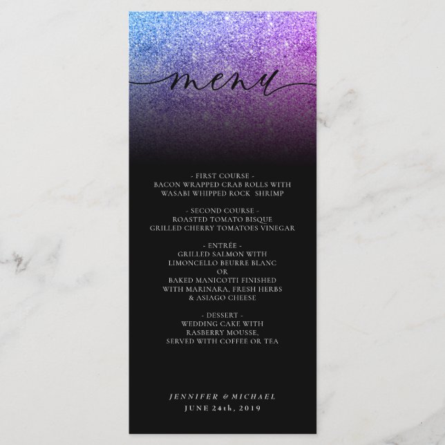 Glitter Pink Teal Wedding Ceremony Dinner Menu (Front)