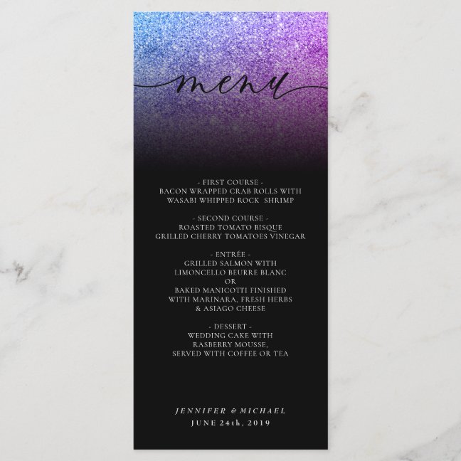 Glitter Pink Teal Wedding Ceremony Dinner Menu