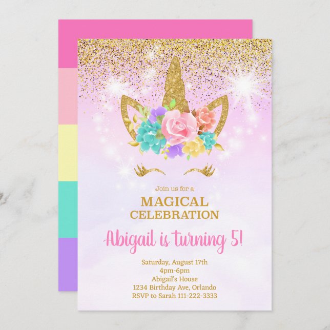 Glitter Pink Unicorn Birthday Invitation (Front/Back)