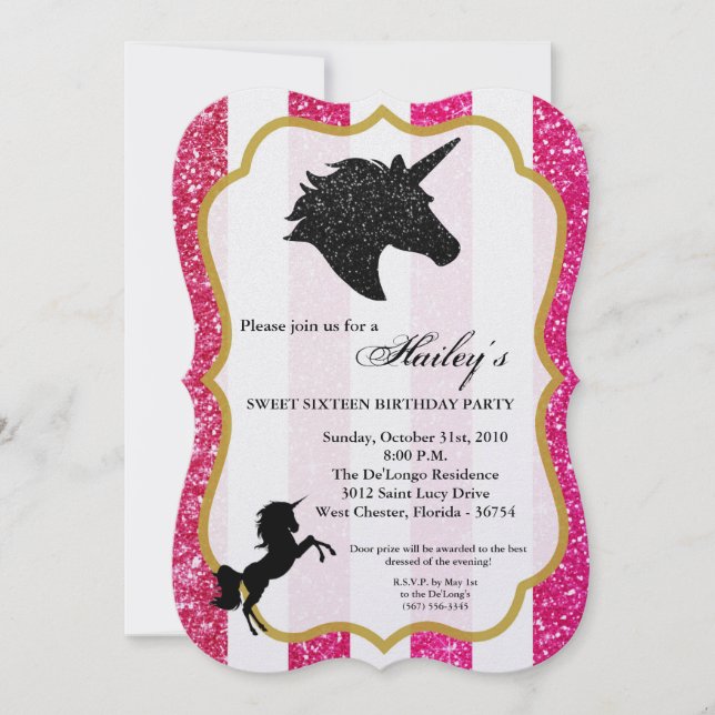 Glitter Pink Unicorn Sweet 16 Birthday Invite (Front)