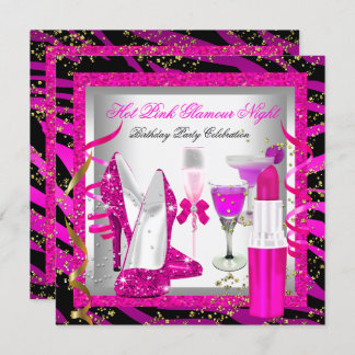 Glitter Pink Zebra Glamour Night Birthday Party Invitation