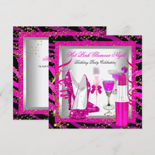 Glitter Pink Zebra Glamour Night Birthday Party Personalized Announcements