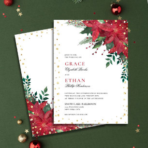 Glitter Poinsettia Red Floral Christmas Wedding Invitation