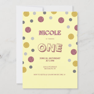 Glitter Polka Dots 1st Birthday Invitation