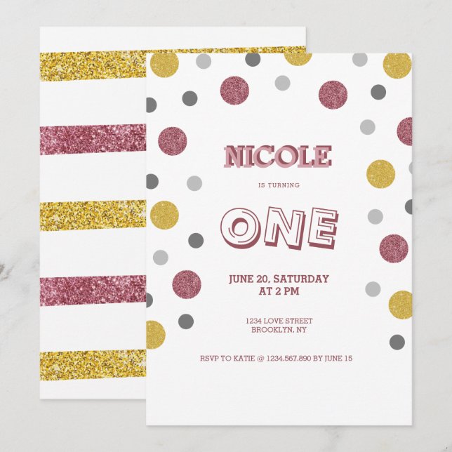 Glitter Polka Dots 1st Birthday Invitation (Front/Back)