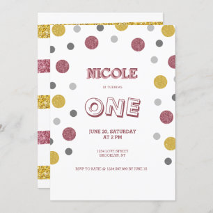 Glitter Polka Dots 1st Birthday Invitation
