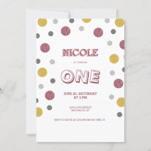 Glitter Polka Dots 1st Birthday Invitation
