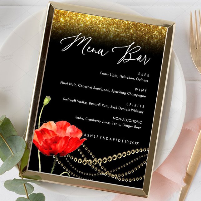 Glitter Poppy Elegant Wedding Menu bar Sign  (Creator Uploaded)