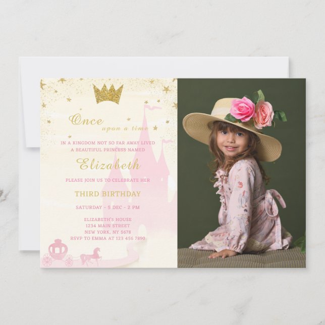 Glitter Princess Birthday Invitation With Photo (Front)