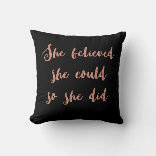Glitter print quote cushion black and rose gold